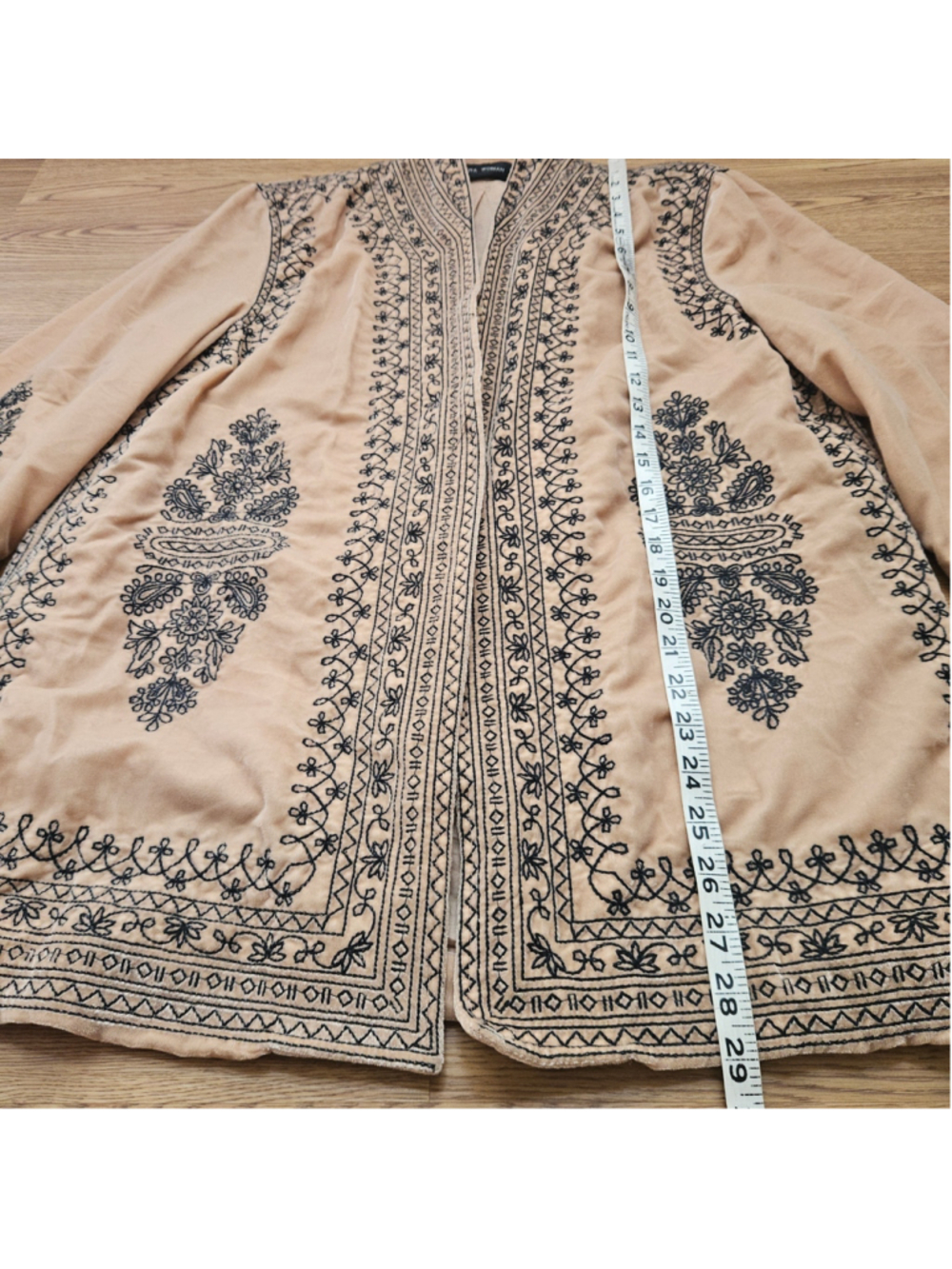 Zara Boho Embroidered Floral Open Long Line Cardigan Velvet Kimono Womens Medium - Picture 5 of 6